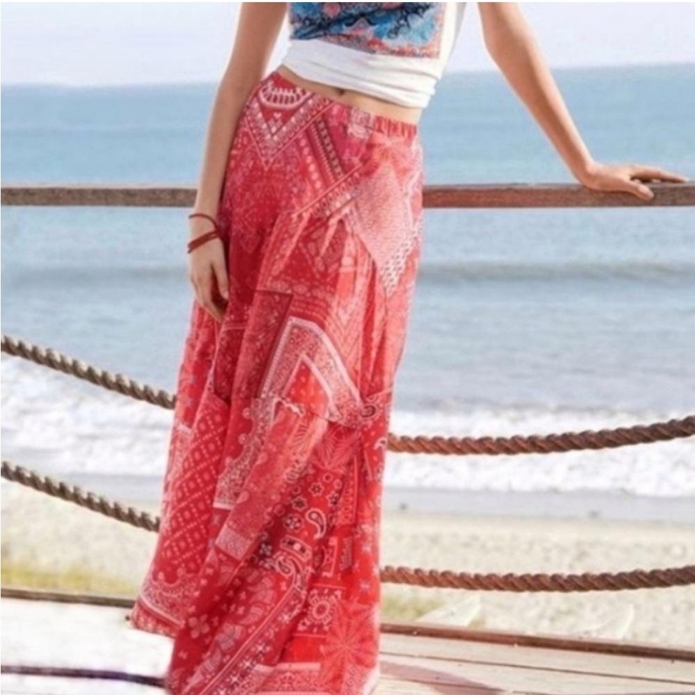 Johnny Was Rana Silk Red Patchwork Bandana Maxi Skirt size Small NWT